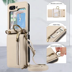 Crossbody Ring Zipper Phone Case for Samsung Galaxy Z Flip 6 5 4 3 Flip6 Flip5 Flip4 Flip3 5G Wallet with Card Holder Cover