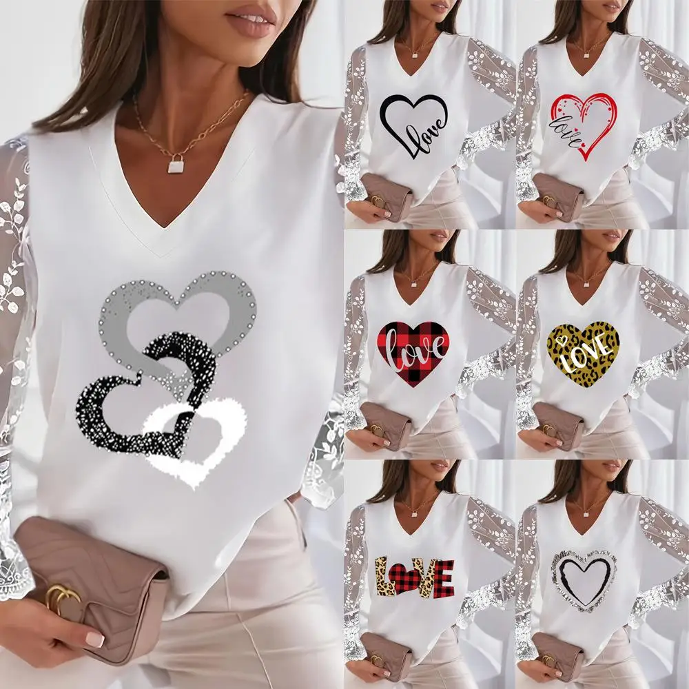 

Женская блузка с воротником и принтом, кружевная, с длинным рукавом, в европейском стиле, модная, с вышивкой в виде снежинок, повседневная, деловая, топ