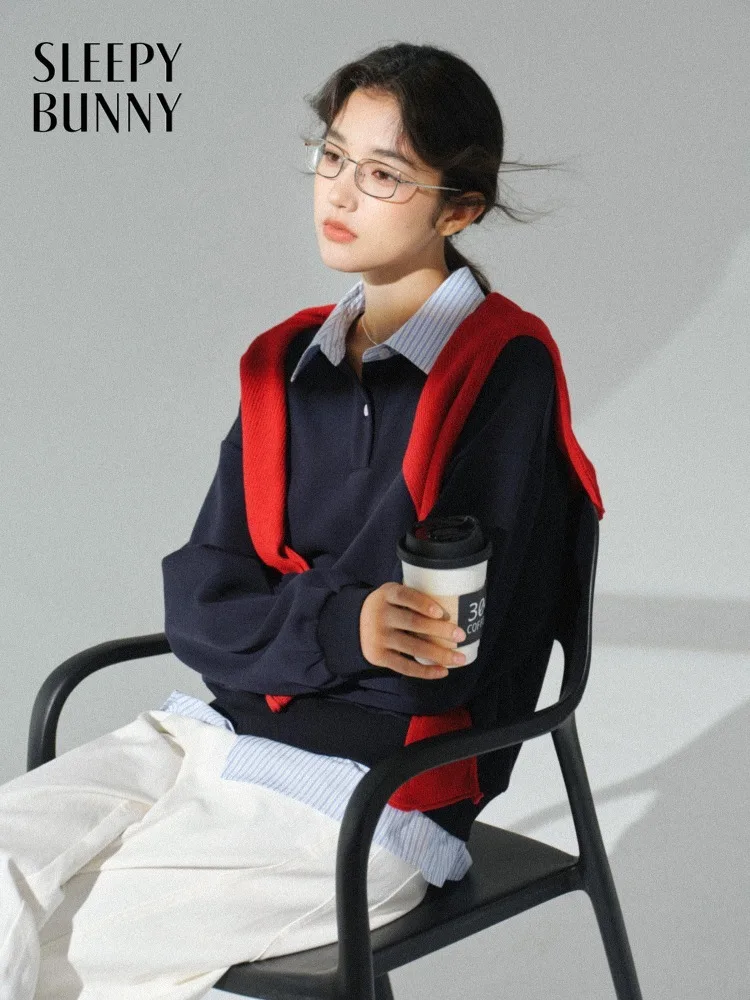 

Women Preppy Style Sweatshirt Fake Two Piece Polo Neck Spring Retro Loose Casual Pullover Top for Lady Elegant Chic Daily Outfit