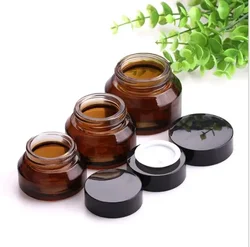 1pcs 15g 30g 50g Amber Green Empty Glass Facial Cream Jar Pots Cosmetic Container Black Lid Glass Bottle Travel Packing