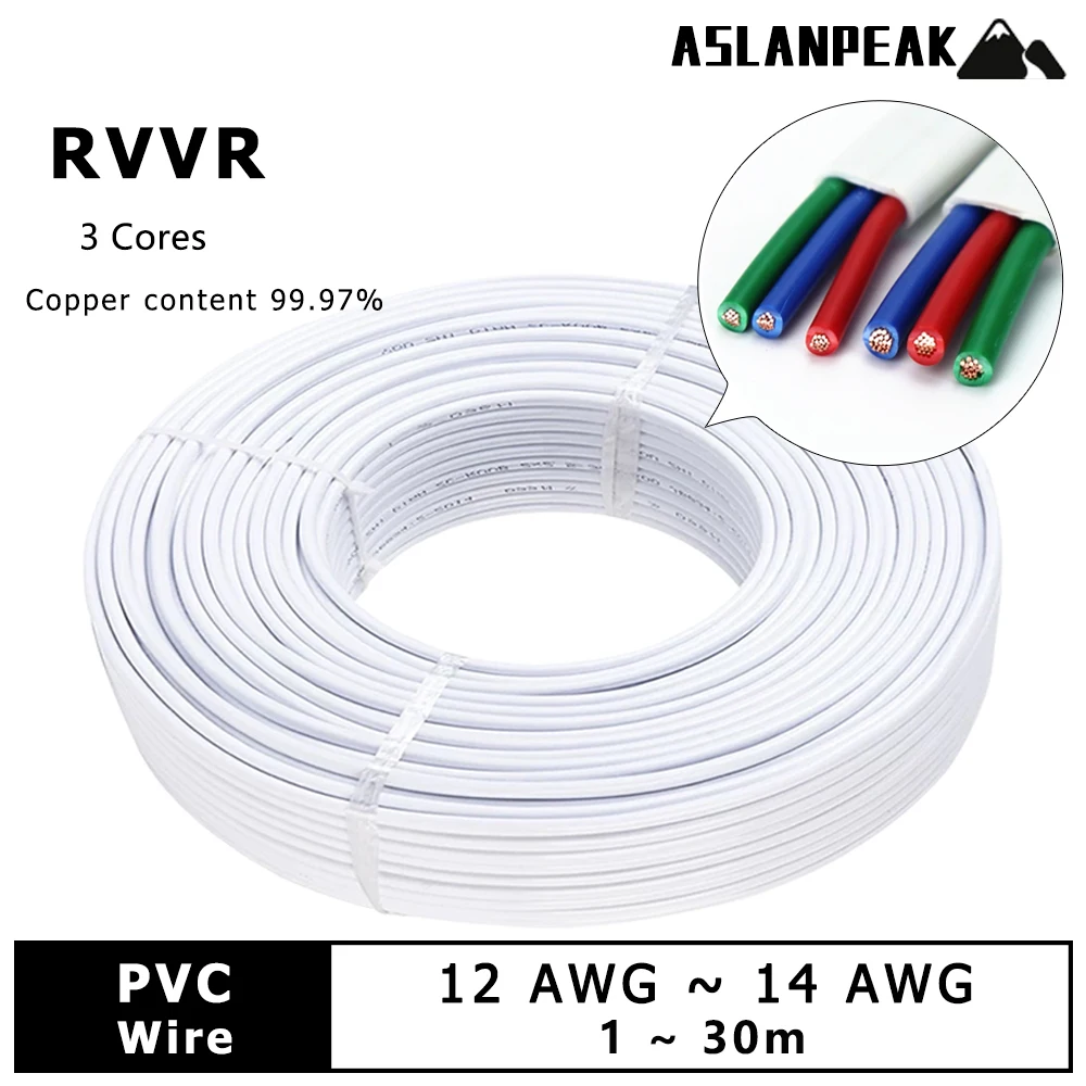 

3Cores Jacket wire Copper cable PVC White Electrical extension wires Sheath wire Connect High power electrical 12awg 14awg