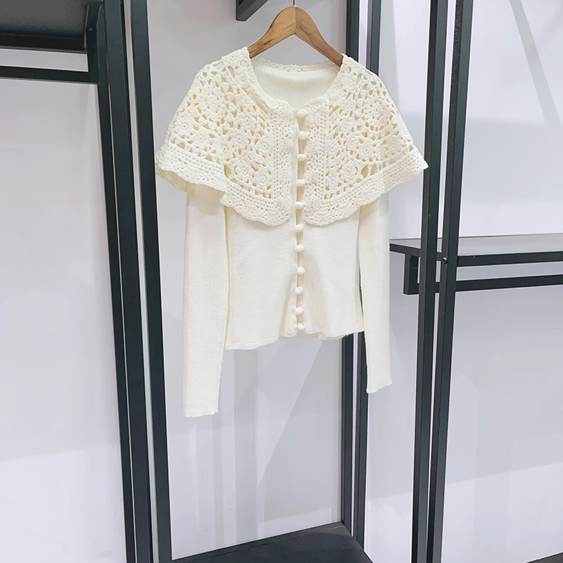 Wool-Blend Crochet Shawl-Style Women's Cardigan, Elegant Commuter Single-Breasted Long-Sleeve Knit Top 2026 Spring New Y2k