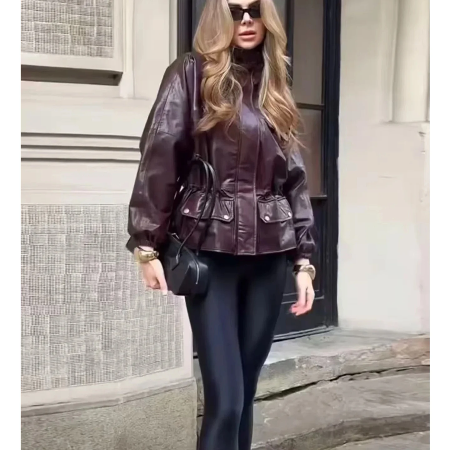 المرأة الخريف الشتاء ort بو الجلود Jaet الرجعية الخصر مقصوص الوقوف طوق كيت التفاصيل Ins Sle السيدات ملابس خارجية