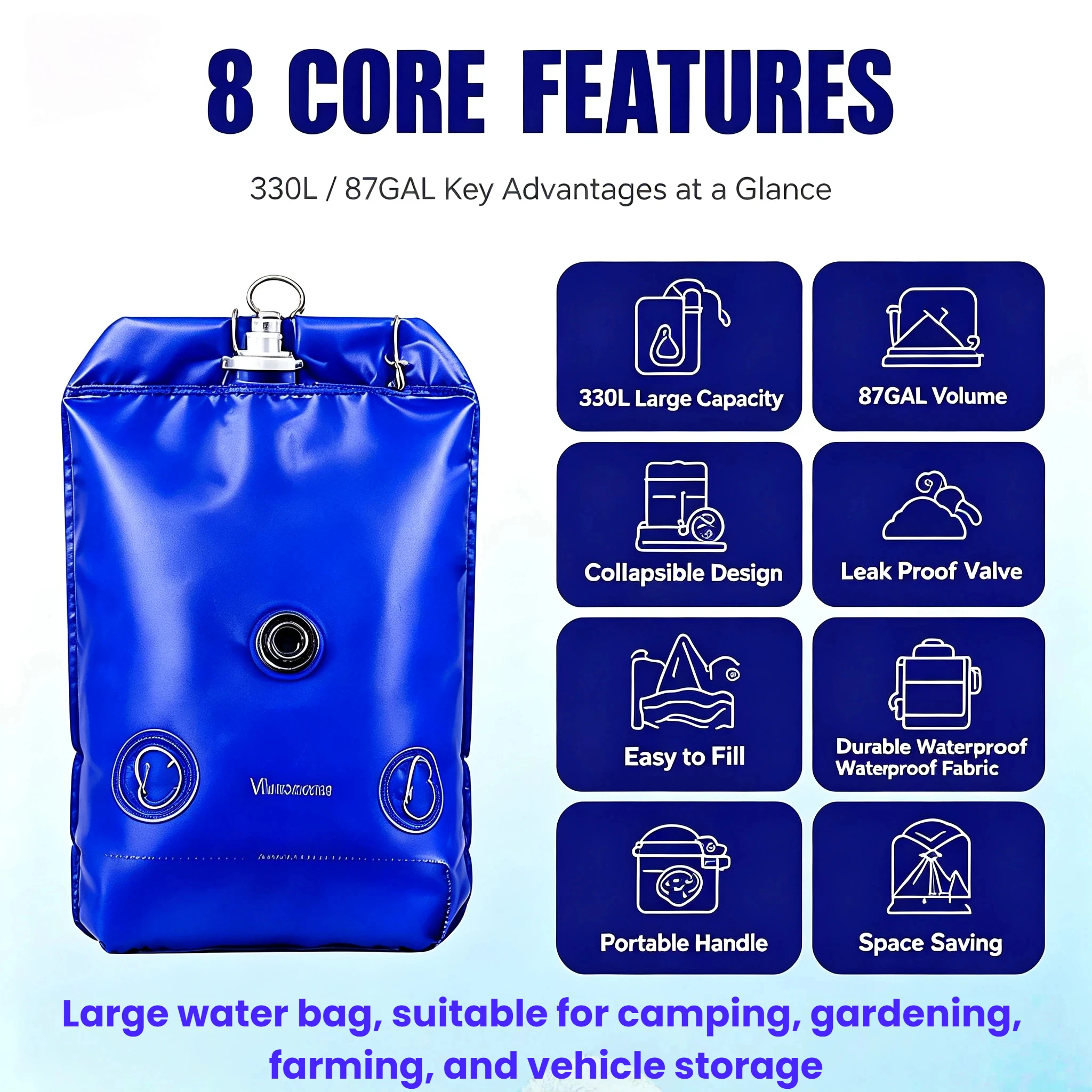 330L 87GAL Foldable Water Storage Bag Collapsible Soft Water Container Leakproof Portable Water Tank for Camping RV Farm Garden