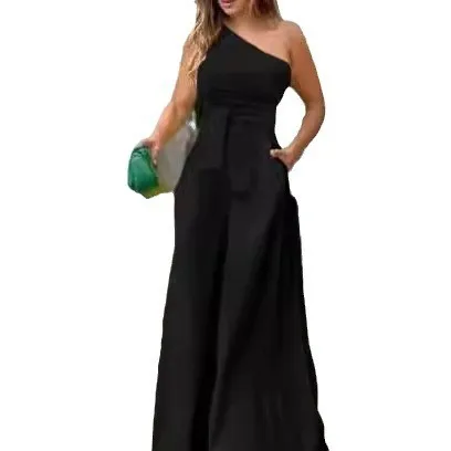 Women's Jumpsuit Sleeveless Off Shoulder High Waist Wide Leg Jumpsuits Front Pocket Romper Asymmetrical Neckline Long Romper