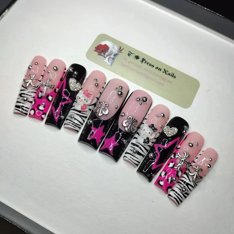 Sanrios Hello Kitty Anime Star Y 2K Europa En Amerika Handgemaakte Pers Op Nagels Lange Tips Nagels Ontwerp Manicure Meisjes Cadeau