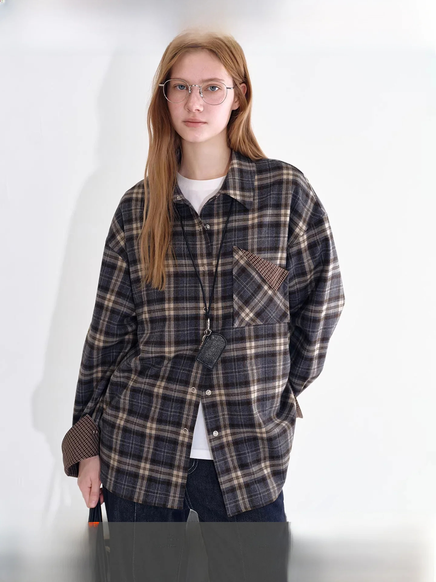 

Fano Casual Versatile Retro Plaid Texture Metal Five Claw Buttoned Women's irt Winter Long Sve Loose Fit Breathable Skin...