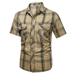 Men Summer short-sleeved Plaid Shirts Male Military Outdoor Shirts Multi-pockets Tooling Shirts High Quality Man Cotton Shirts