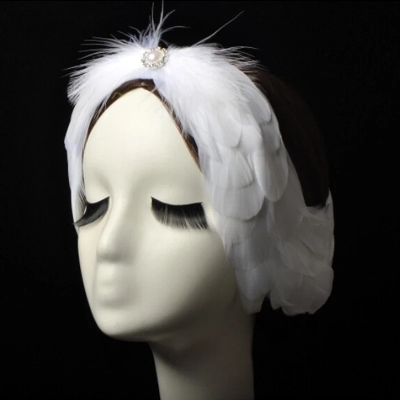 

Swan Lake Ballet White Feather HeadbandWoman Dance Headwear Princess Pearls Feather Headpiece Ballet Costumes Hair Accessories