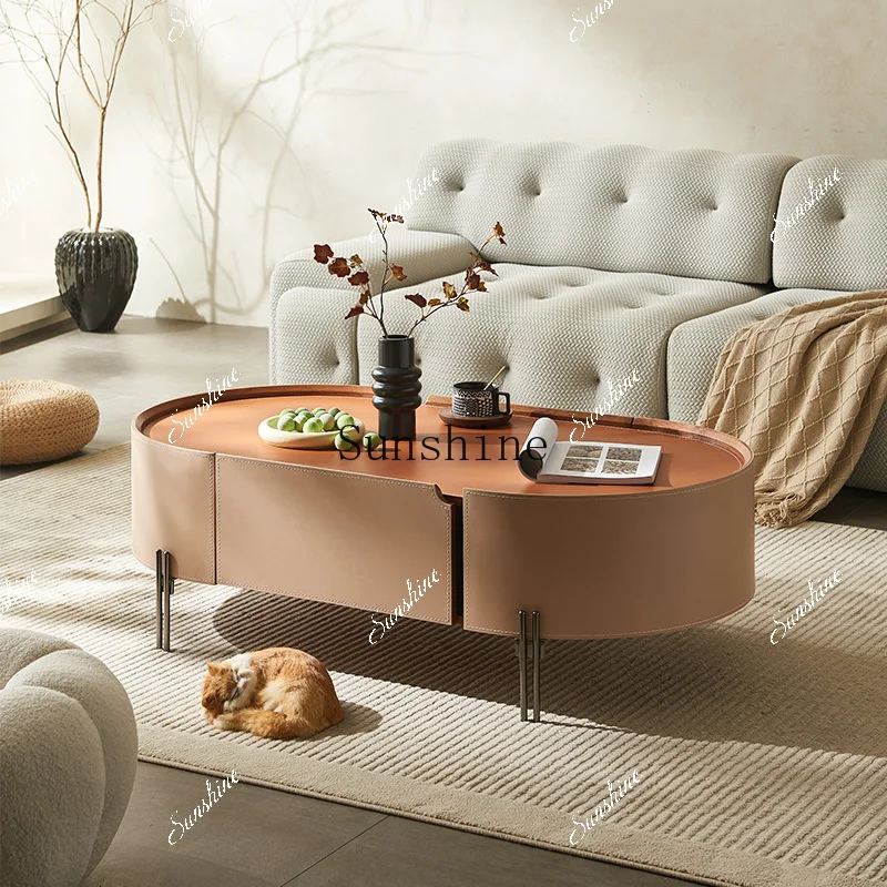 Italian minimalist saddle leather high-end creative solid wood round coffee table  FT