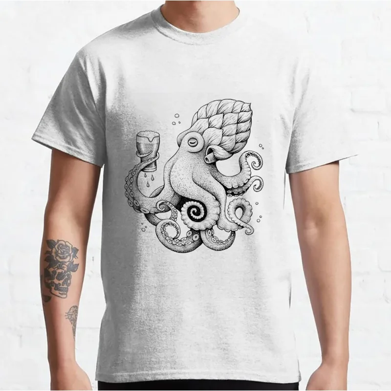 

The Beer Drinking Octopus Funny Gift T shirt for beer lover 100% cotton O-Neck Short Sleeve Graphic clothes All size tee S-6XL