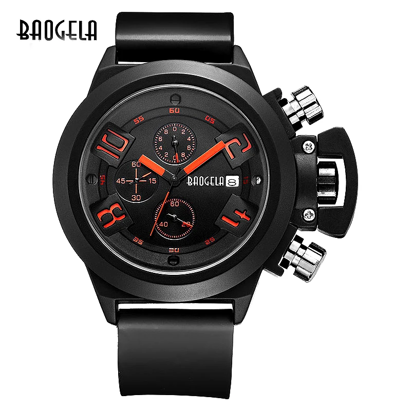 Baogela Fashion Mens Silicone Band Sport Quartz Wrist Watches Analog Display Chronograph Black Watch for Man with Calendar