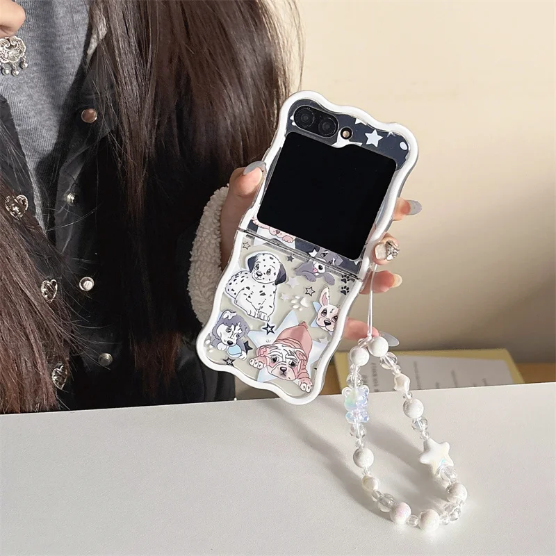 삼성 갤럭시 ZFlip 5 6 5G Flip5 ZFlip6 4 3 한국어 카와이 웨이브 안티 폴 백 케이스 용 팔찌 전화 케이스가있는 귀여운 스타 강아지
