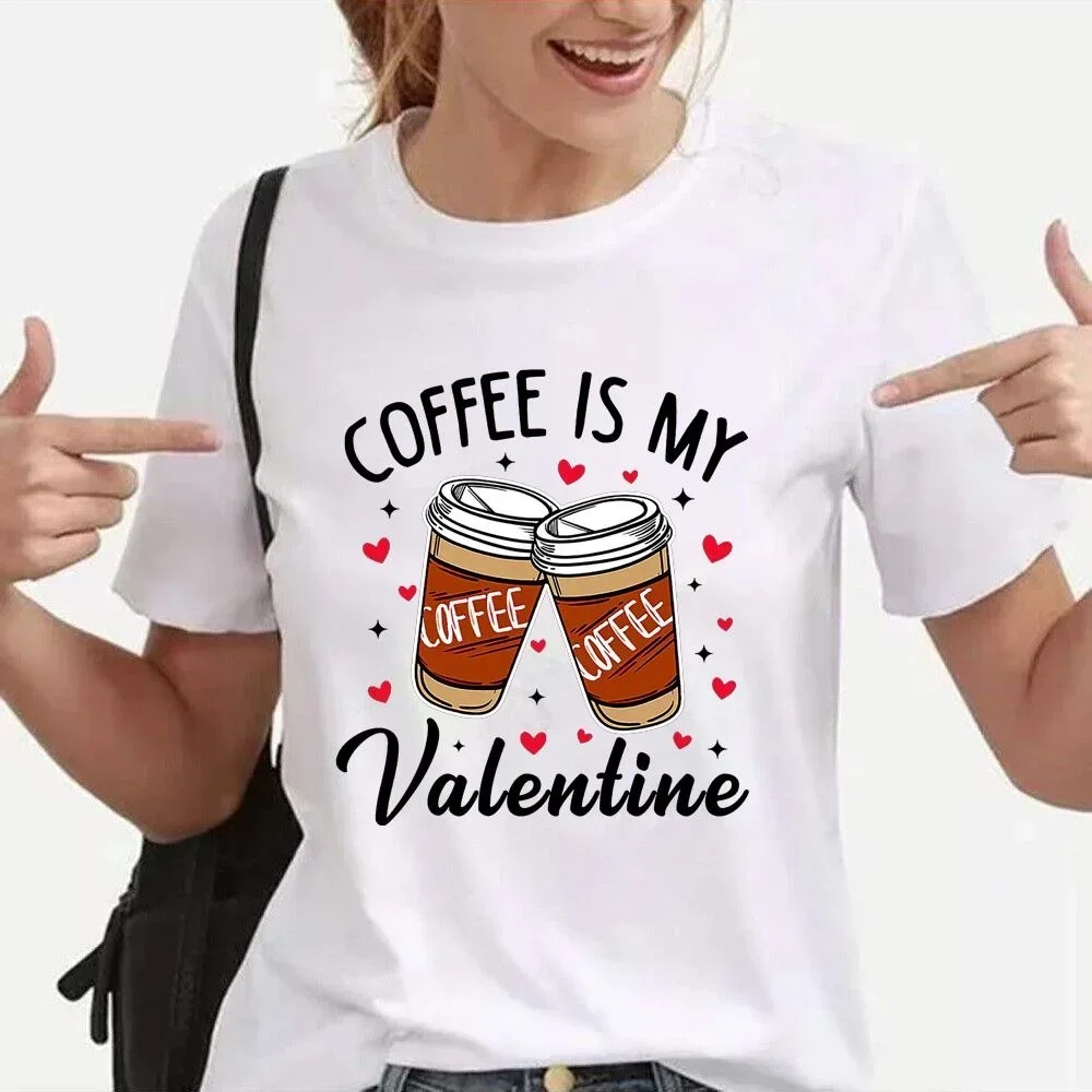 

Женская футболка с графическим принтом Funny Coffee Is My Valentine, персонализированная креативная кофейная уличная повседневная футболка с круглым вырезом, топ