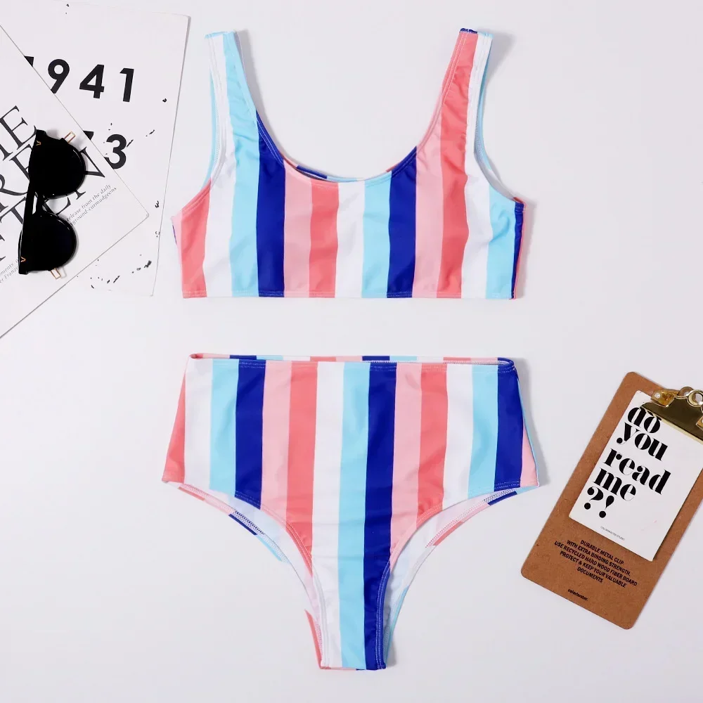 High Waist Striped Bikini Swimsuit Women Bikinis Sets Tankini Vintage Multicolor Y2K Swimwears Micro Biquini Beach Bathing Suits