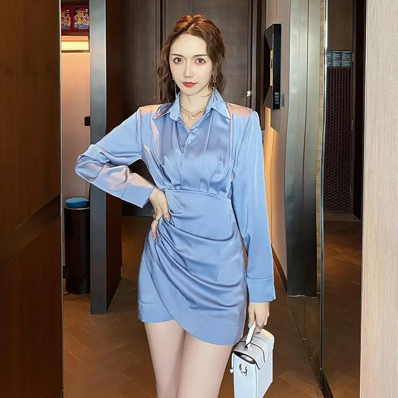 2024 Autumn New Temperament Shirt Dress Adult Lady like Woman Style Acetate Satin Skirt