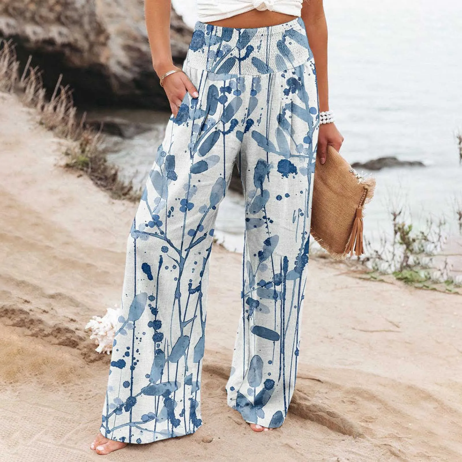 Wide Leg Floral Pants Woman Casual Summer Elastic High Waisted Cotton Linen Palazzo Pants Long Lounge Pant Trousers with Pockets