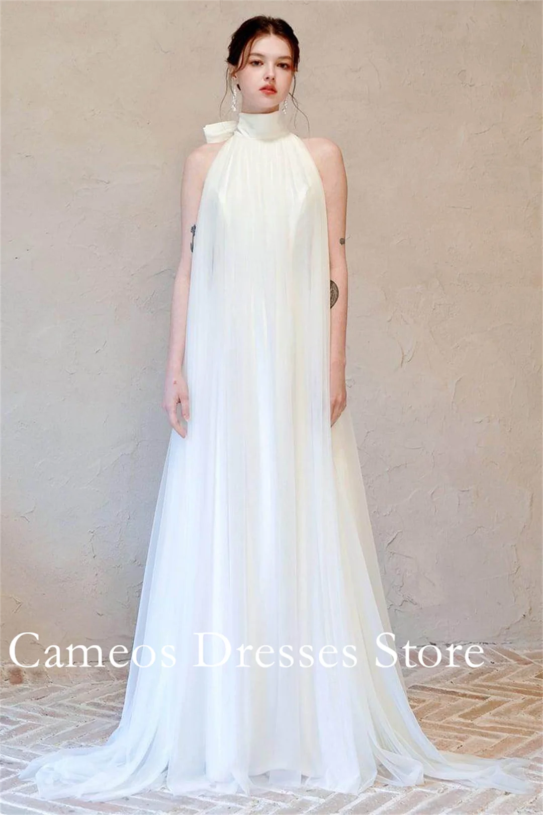 SONDR Customized Halter Neck Backless Wedding Dresses Simple A-Line Tulle Sleeveless Ruched Brides Gowns Women Bridal Dresses