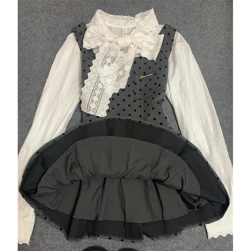 Ensemble 2 pièces en dentelle à pois doux: chemisier doux à manches longues avec nœud Vintage + robe Lolita plissée à bretelles d'inspiration Harajuku Jk