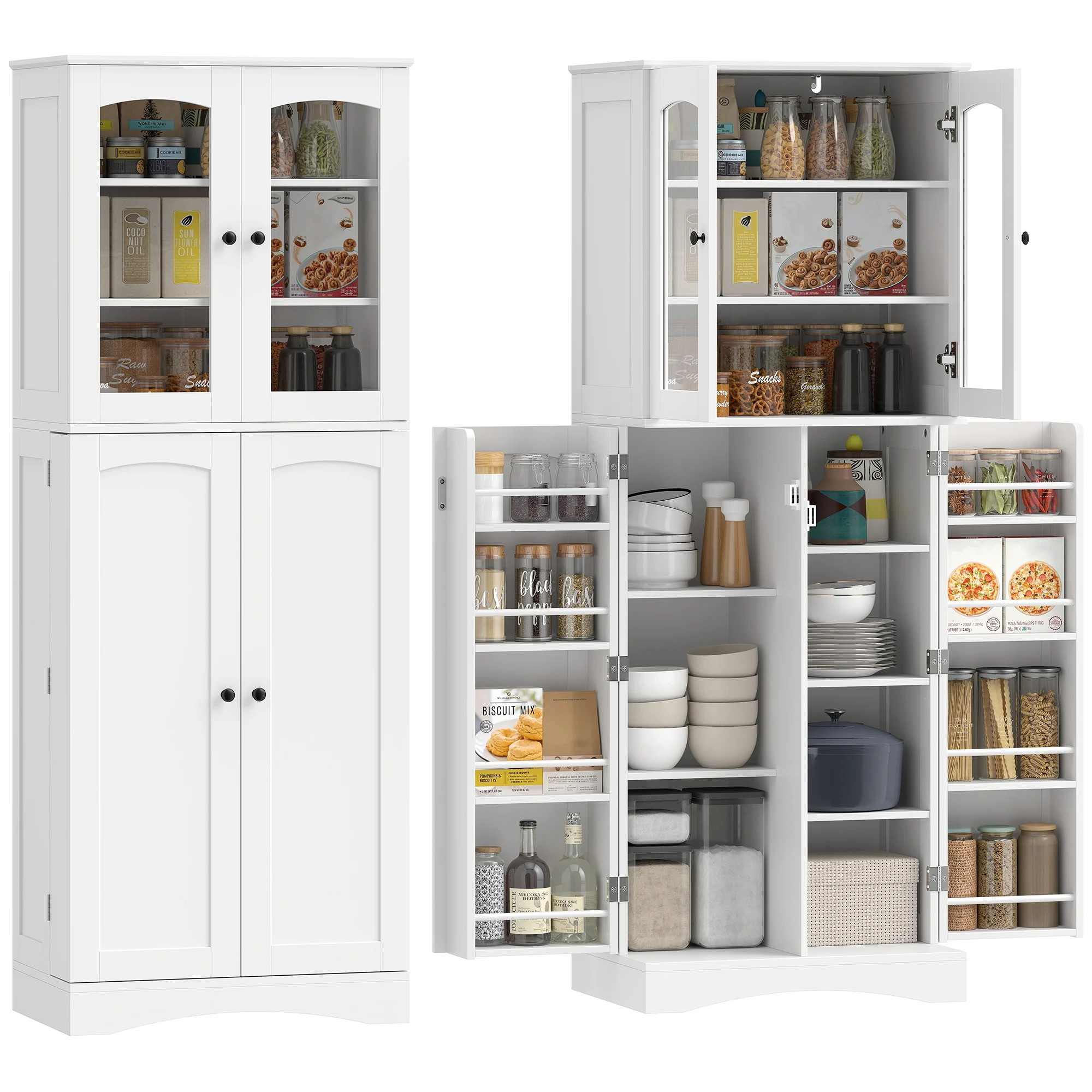 HOMCOM Armario de Cocina con 4 Puertas 10 Estantes 4 Estantes Ajustables Blanco