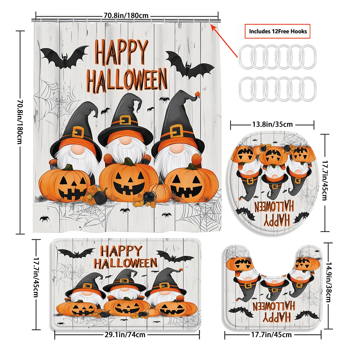 Halloween 1/4PCcartoon pumpkin bat shower curtain set waterproof shower curtain and waterproof non-slip carpet,12 hooks included