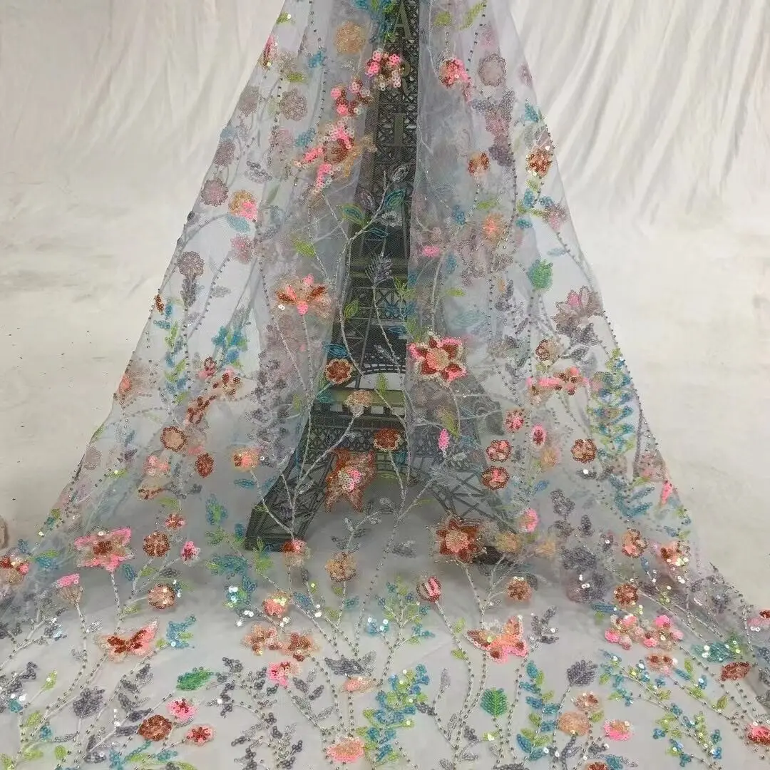 

ZH-1306682 Embroidery French Tulle sequins Lace Fabric Nigerian Heavy Beads Lace Fabric For Wedding Party