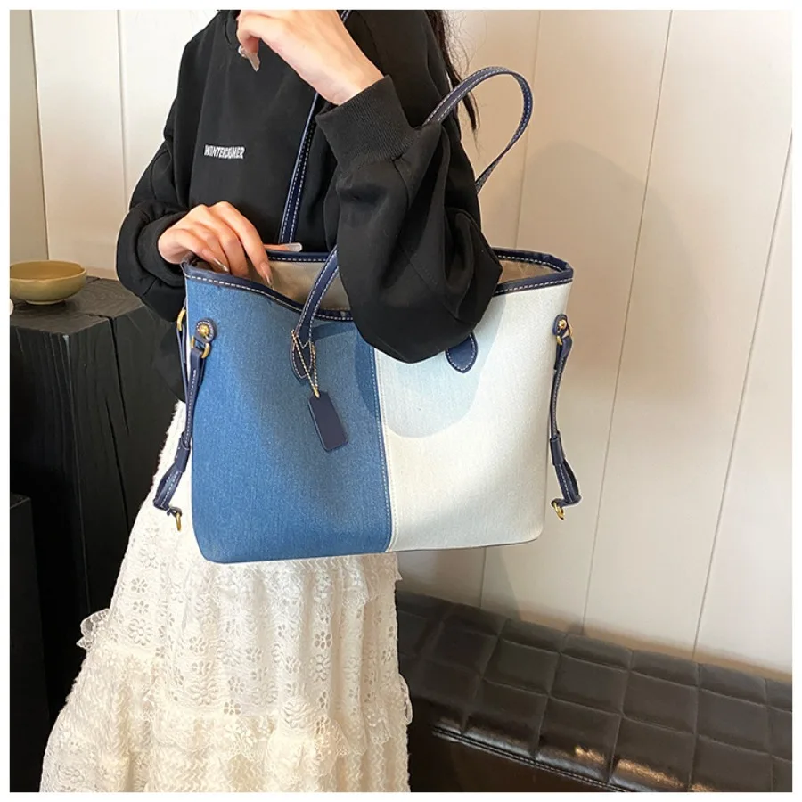 

Spring and Summer Fashion Large Capacity Commuter Tote Shoulder Bag Popular Minimalist Handbag, Color-Blocked Bucket Bags