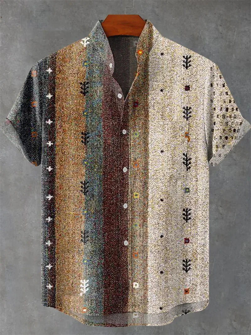 Fashionable men's 3D printed retro pattern design pattern men's button up stand collar comfortable breathable casual plus size s