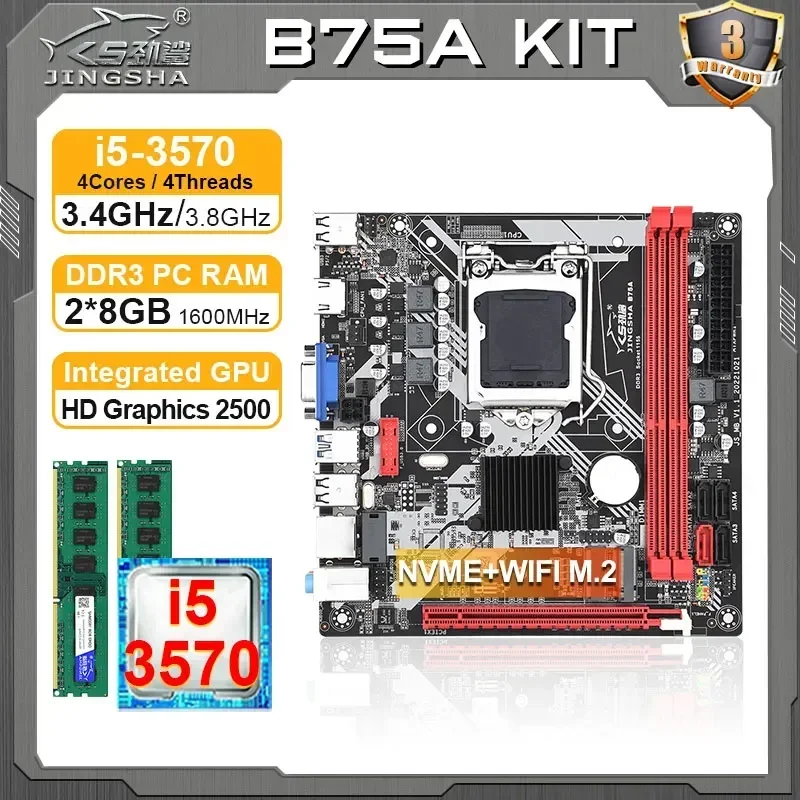 JINGSHA B75 itx Motherboard LGA 1155 PC gaming kit with i5 3570 processor and 2*8GB DDR3 memory diy computer Combo LGA1155 Set