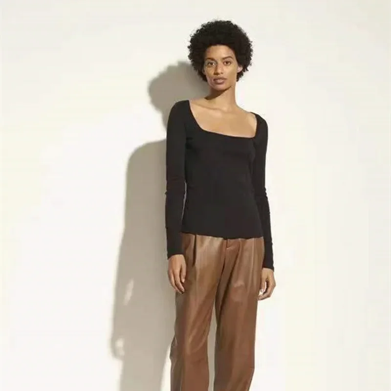 MRMT 2025 ยี่ห้อใหม่ผู้หญิง Pima Cotton สแควร์คอยาวแขนยาวเสื้อยืด SLIM FIT สีทึบเสื้อแขนยาวสแควร์คอ