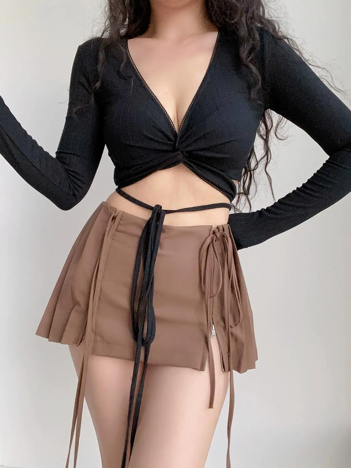 2023 Sexy Ribbed Knitted Cotton Bandage Lacing up Waist Crop Tee Skinny Women Cross V neck Full Sleeve Wrap T-shirts Ballet Tops