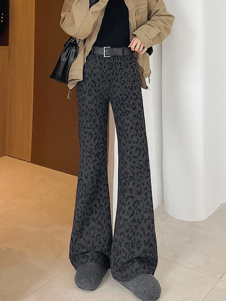 

High Waist Fce Lined Thiened Leopard Print Bell Bot Pants Women's Casual Pants Slimming Micro Flared Trousers