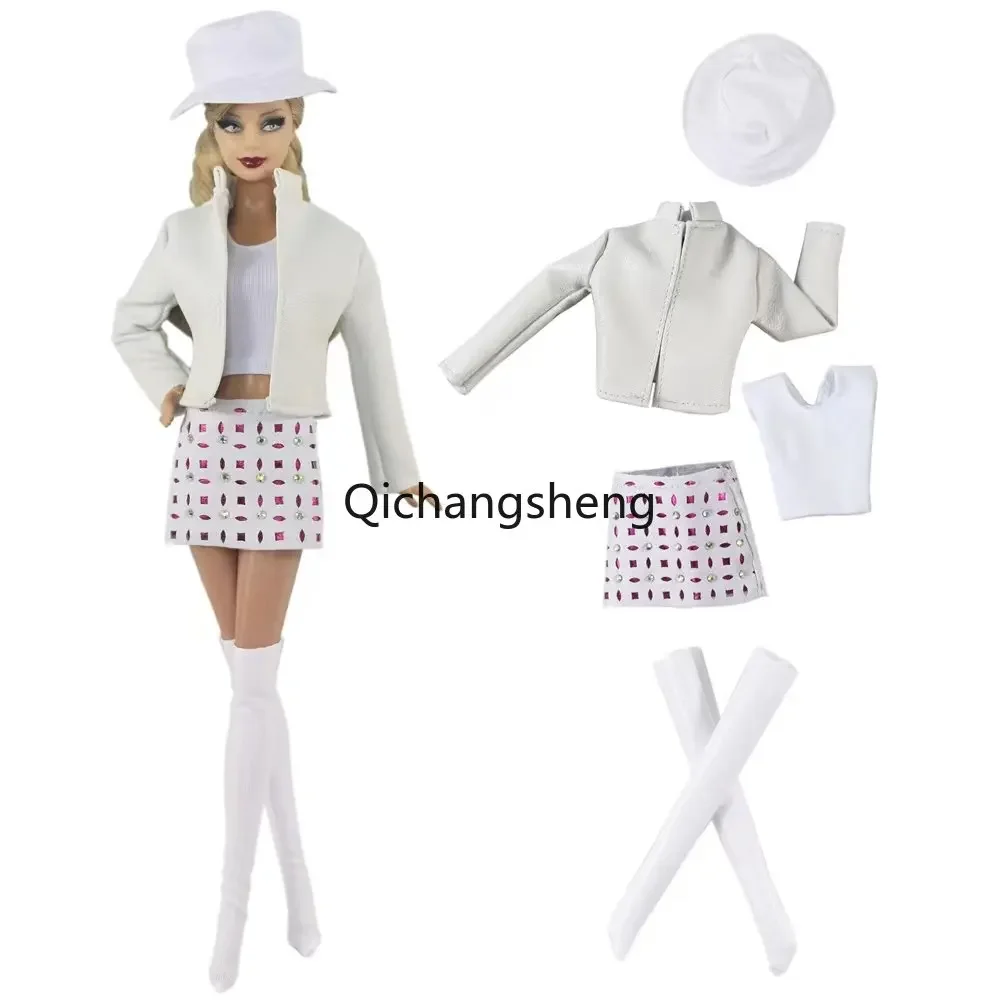 For Barbie Doll Clothes Set White Leather 1/6 BJD Outfits Coat Jacket Tank Top Skirt Boots For Barbie Accessories Girl Toy 11.5