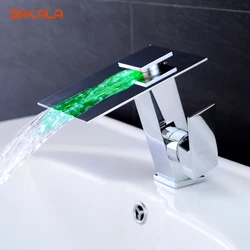 LED Bathroom Faucet Chrome Finished Waterfall Basin Tap with Integrated Light Brass Mixer Tap Torneira LT-5656