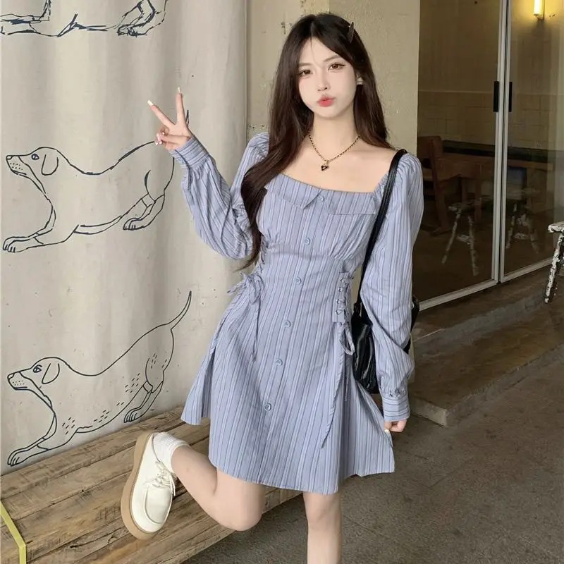 Oversized Women's Clothing Looks Slim Sweet and Cool with Age Reducing Striped Shirt Skirt and Square Collar Dress for Autumn