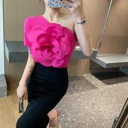 Women's T-shirt Slim Diagonal Collar Off Shoulder Solid Color Patchwork 3d Flower Tees 2024 Summer New Sexy Fashion Designer