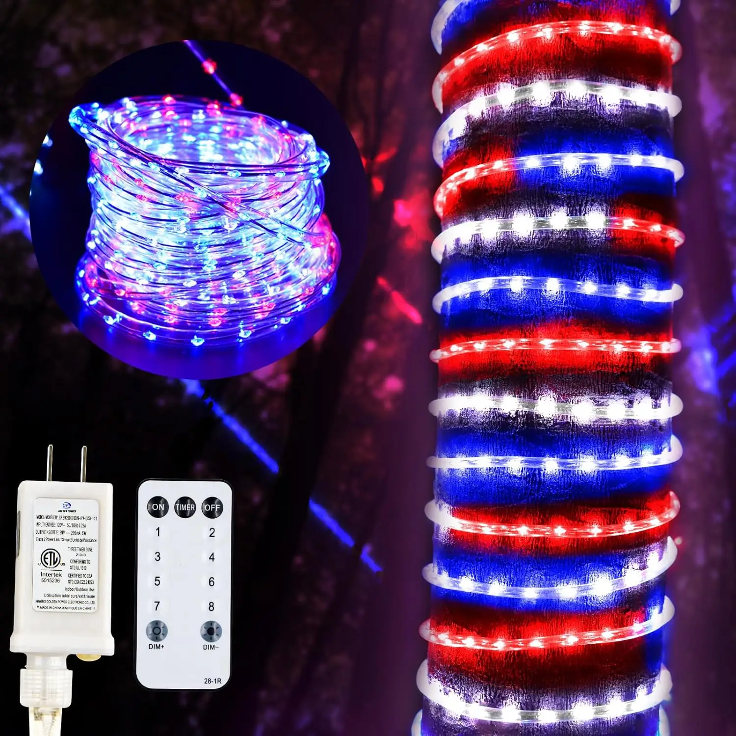 

100ft 1200 LED Red White Blue Rope Lights, 8 Modes Remote Timer, Patriotic Decorations for Independence Day