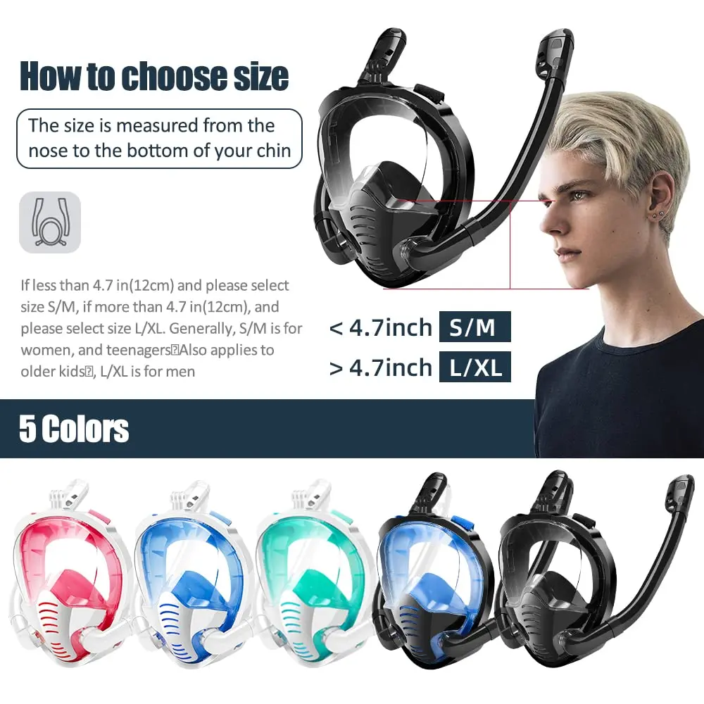 Double Tubes Full Face Snorkel Mask New Breathing Mode 180° Panoramic Anti-Fog Diving Mask Dry Top System for Adults Teenagers