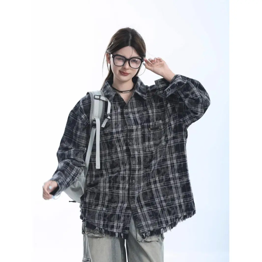

Retro American Heavyweight Plaid Long Sve Loose Men's irt Design Sense Couple's Cheered Faion Polyester Spring...