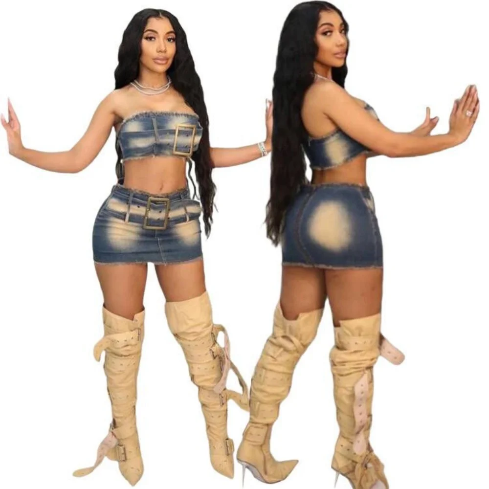 

Women Skirt Set Summer Sexy Buckle Stretc Denim Strapless Tube Crop Top Matching 2 Pieces Jean Mini Skirt Set Women'S Denim Sets