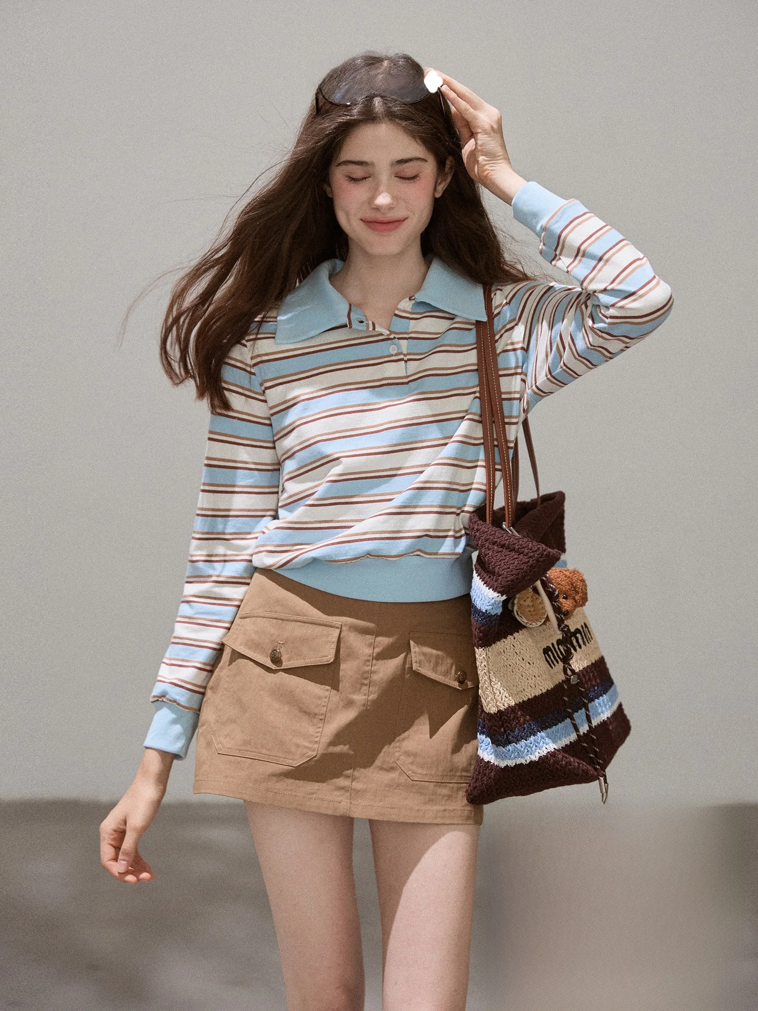 

Женская футболка Callmelater Heareat Frequency Ne Stripe Long Sleeve T-shirt, свободного кроя, из смесового хлопка, в студенческом стиле