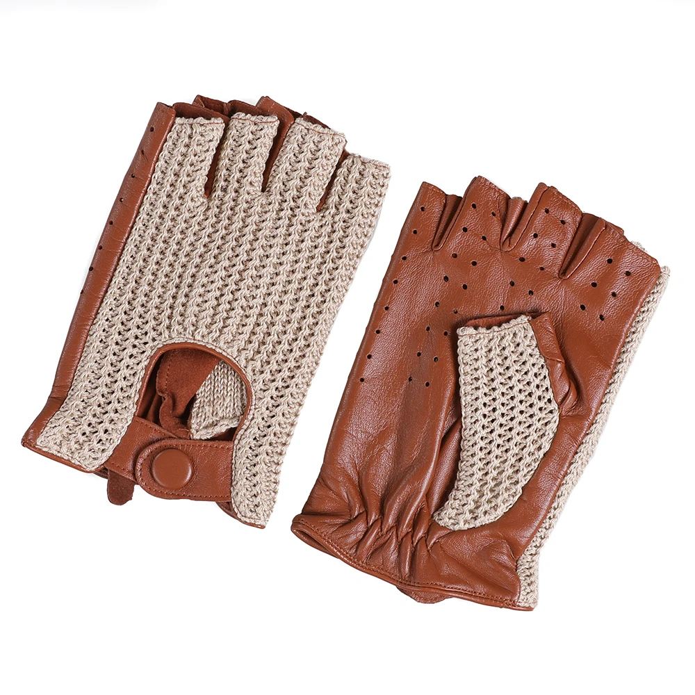 Gants de conduite de moto en cuir véritable pour hommes, peau de mouton isotopée sans doigts avec crochet en coton