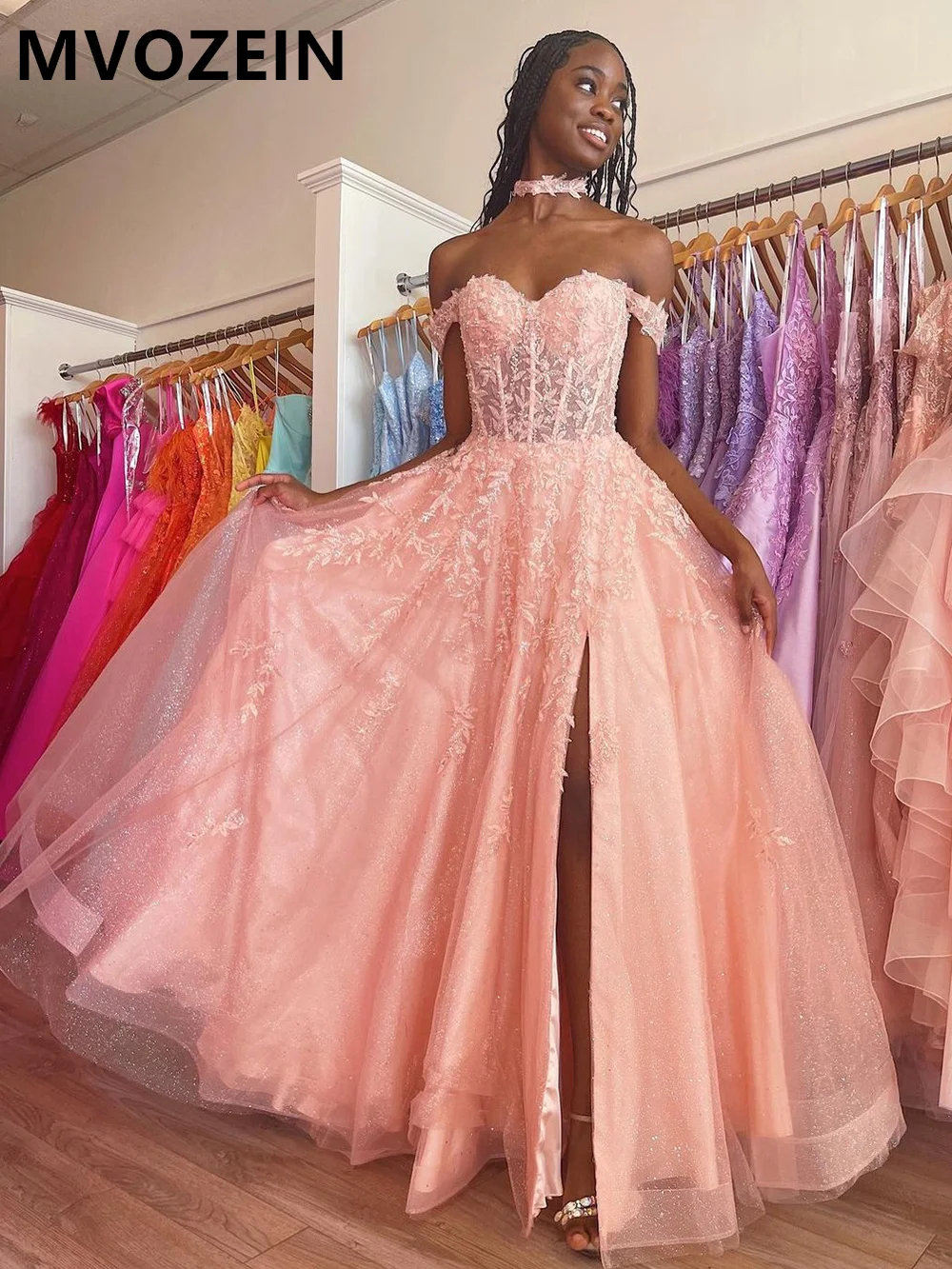 Prom Dress for Black Girl Youthful Off The Shoulder A-Line Split Tulle Lace Party Dresses Evening Dress 2023