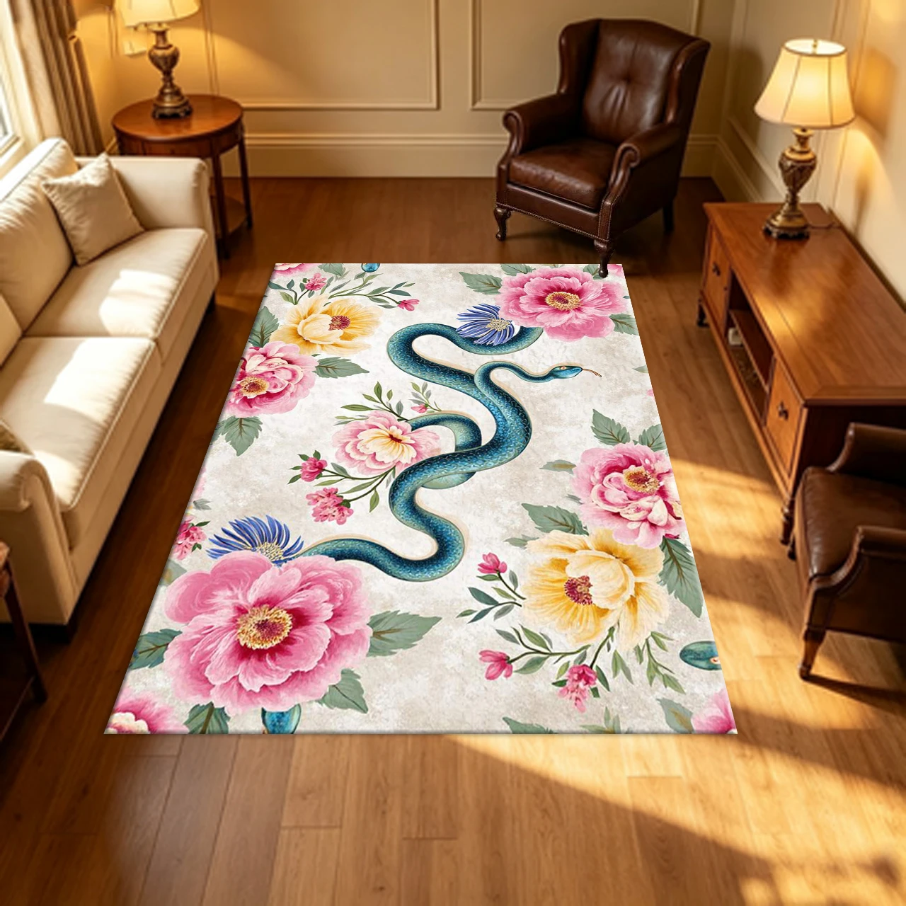 Artistic Snake and Peony Floral Carpet Flooring Exotic Bohemian Household Indoor Decor Area Rug