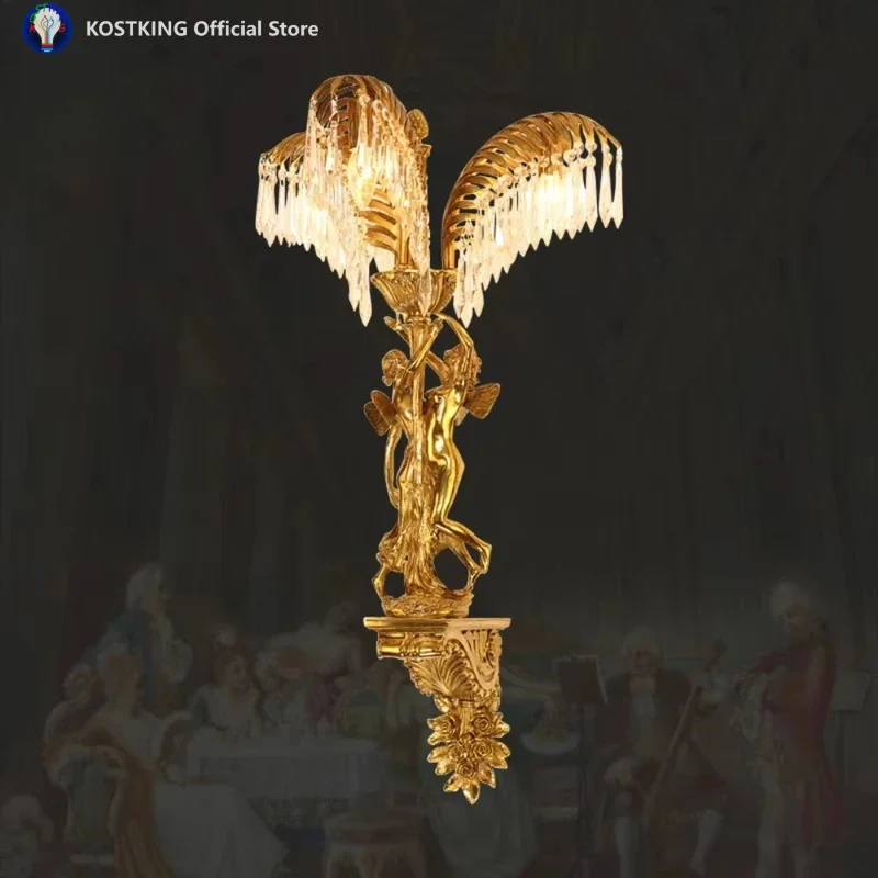 

Французский латунный хрустальный настенный светильник с пальмовым листом, вилла, гостиная, спальня, декоративный настенный светильник