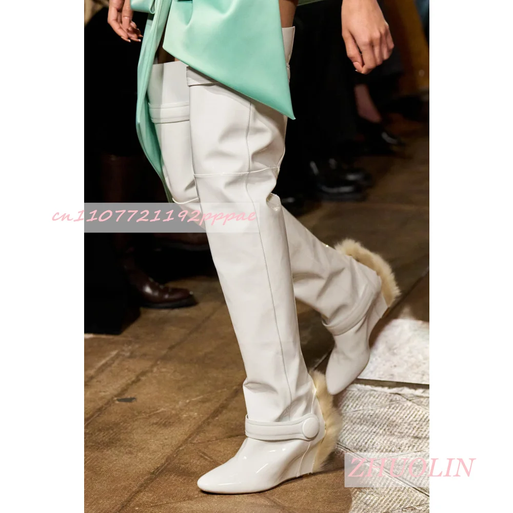 Autumn White Leather Patchwork Over-The-Knee Boots Women'S Pointed Toe Side Zipper Wedge Heel Boots Fashionable Runway Boots 46