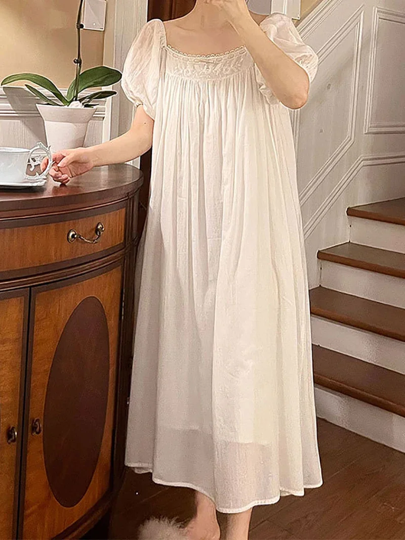 Women Pure Cotton Ruffles Sweet Embroidery Vintage Nightgowns Robe Night Dress Fairy Victorian Romantic Princess Sleepwear