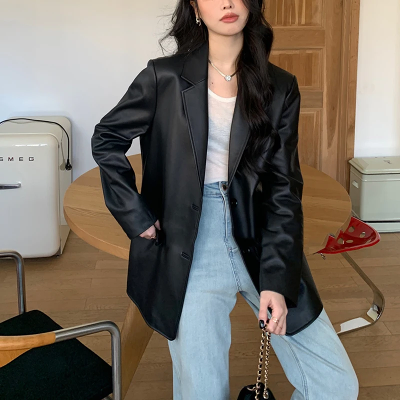 أنيقة السيدات جلد الغنم السترة معاطف 2026 ربيع الموضة التلبيب المرأة عادية فضفاض واحدة الصدر بدلة جلدية حقيقية سترة #1