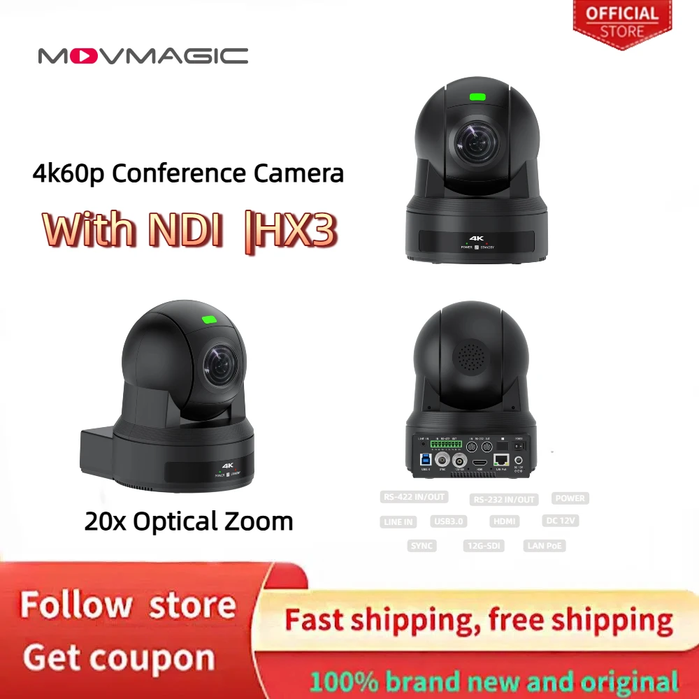 

Конференц-камера Movmagic MC62-12G с 20-кратным оптическим зумом, PTZ, 4K60P, 1/1.8 CMOS, 12G-SDI&HDMI, TimeCode, Free-D, AI-трекинг, NDI HX3