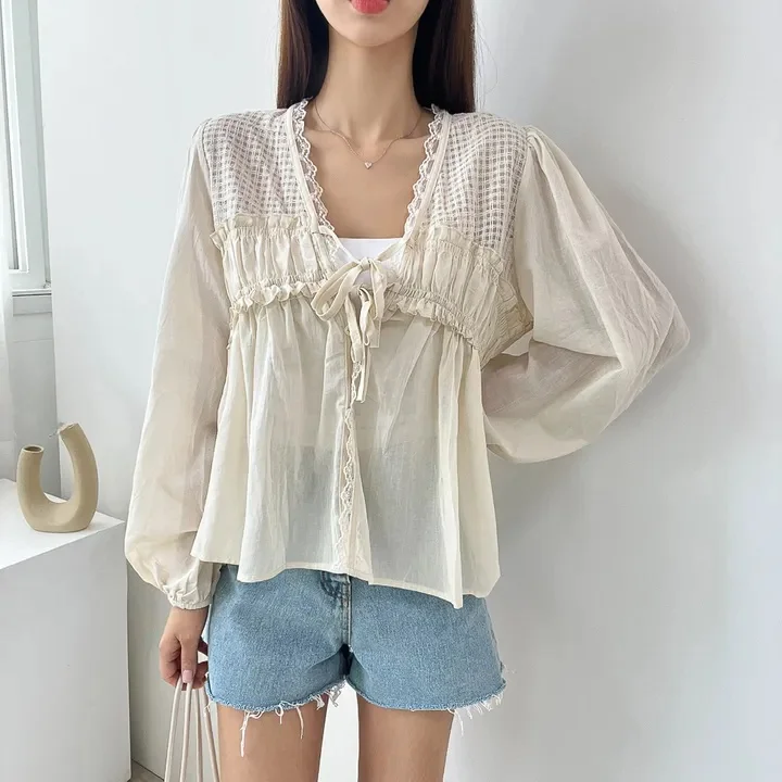 

Lightweight 2024 New Korean Sle Heavy Embroidery Casual Long Sve Hollow out Sun Protection Small irt